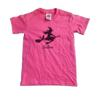 Salem Witch on Broom- Girls Hot Pink T-Shirt Kids X-Small Size 4/5 T Halloween